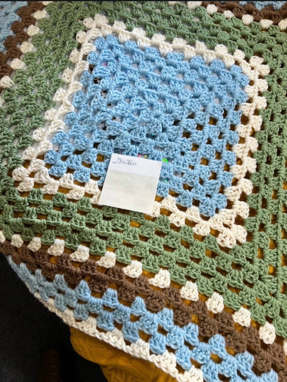 Beautiful sage green and blue crocheted baby blanket.